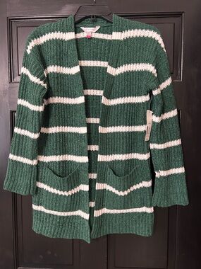 No Boundaries Green & White Striped Open-Front Cardigan